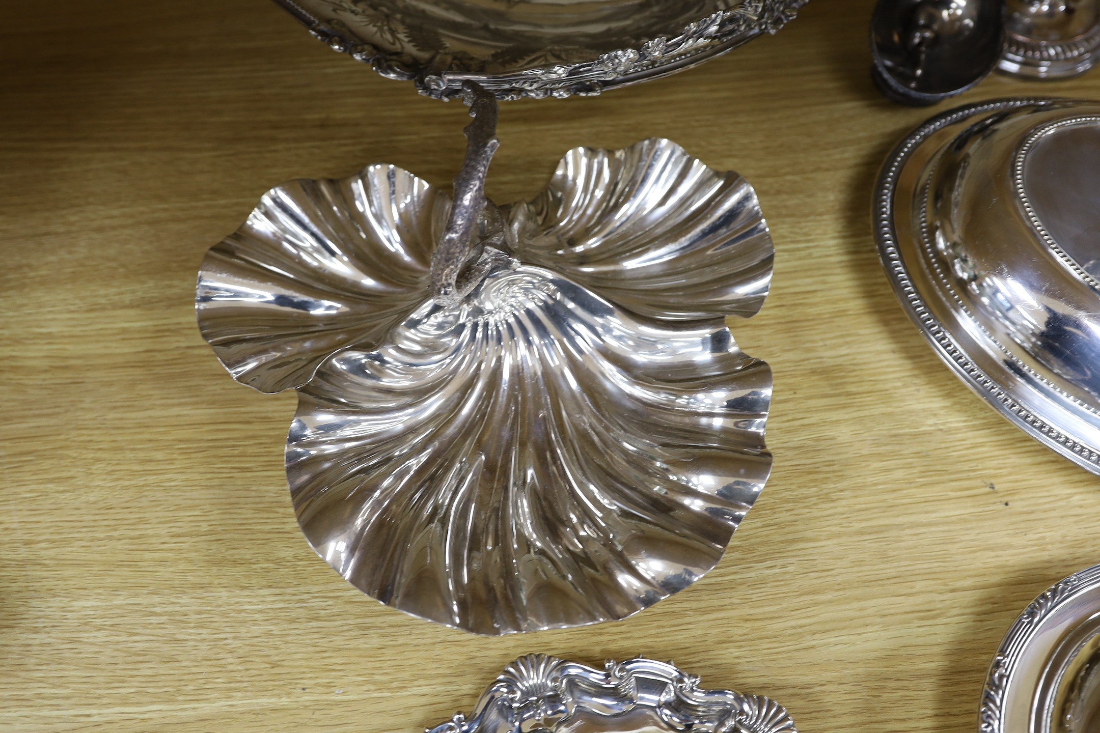 A group of plated wares, basket 36 cms wide